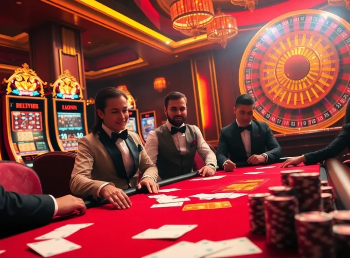 Engage in the thrilling world of gambling at https://mm88.london/ with a luxurious poker table and vibrant slot machines.