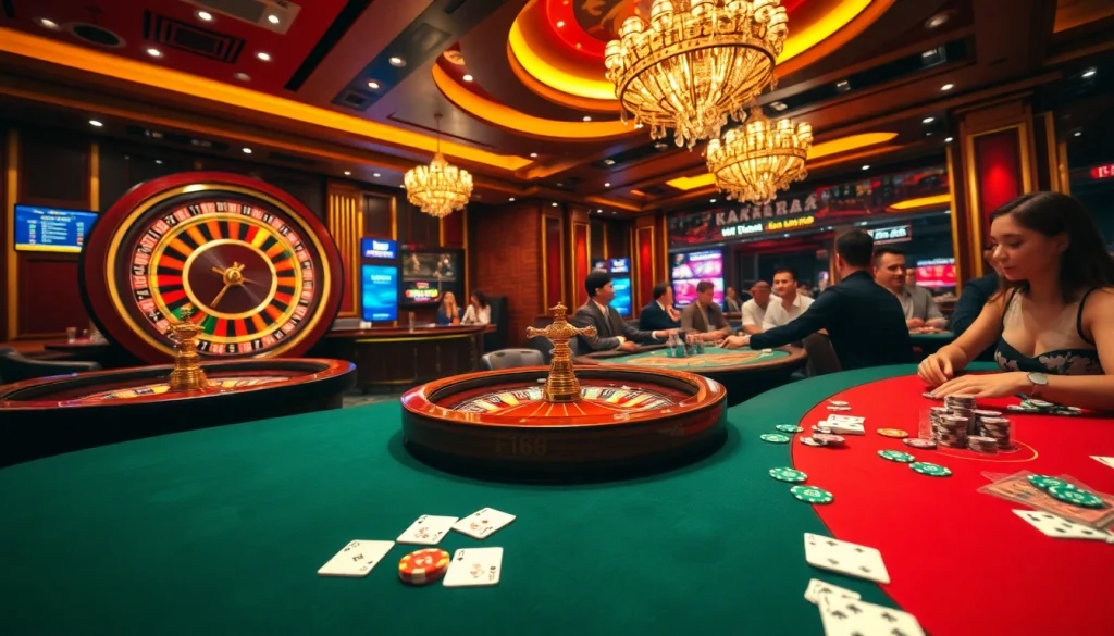 Exciting gameplay at F168 casino tables with colorful chips and elegant cards.