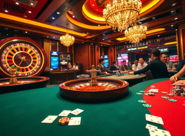 Exciting gameplay at F168 casino tables with colorful chips and elegant cards.