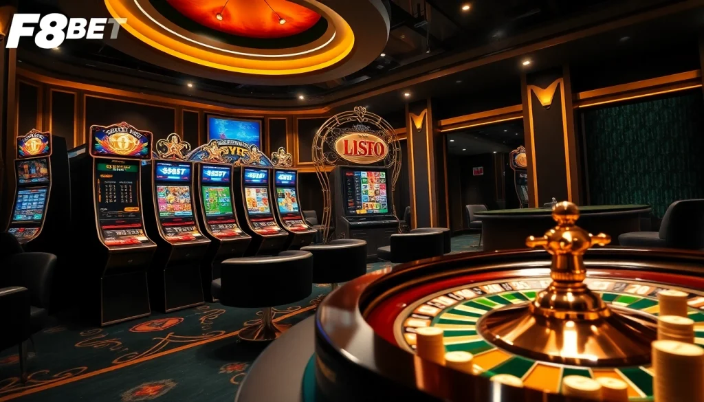 Engaging players at Nhà cái F8BET with a vibrant casino scene featuring slots, roulette, and poker.
