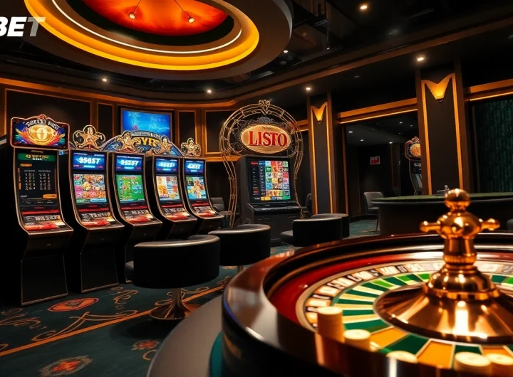 Engaging players at Nhà cái F8BET with a vibrant casino scene featuring slots, roulette, and poker.