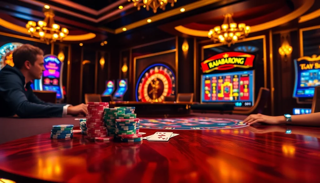 RAJABARONG showcases a thrilling casino atmosphere with poker chips and vibrant slot machines.