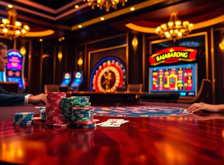 RAJABARONG showcases a thrilling casino atmosphere with poker chips and vibrant slot machines.