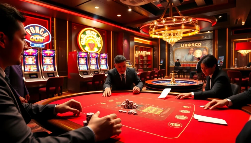 High-stakes poker action at https://u888hii.com/ casino with vibrant slot machines and luxurious atmosphere.