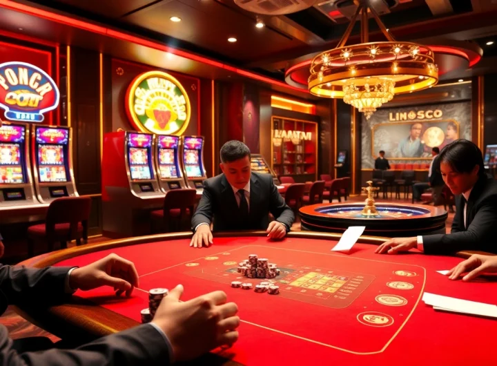 High-stakes poker action at https://u888hii.com/ casino with vibrant slot machines and luxurious atmosphere.