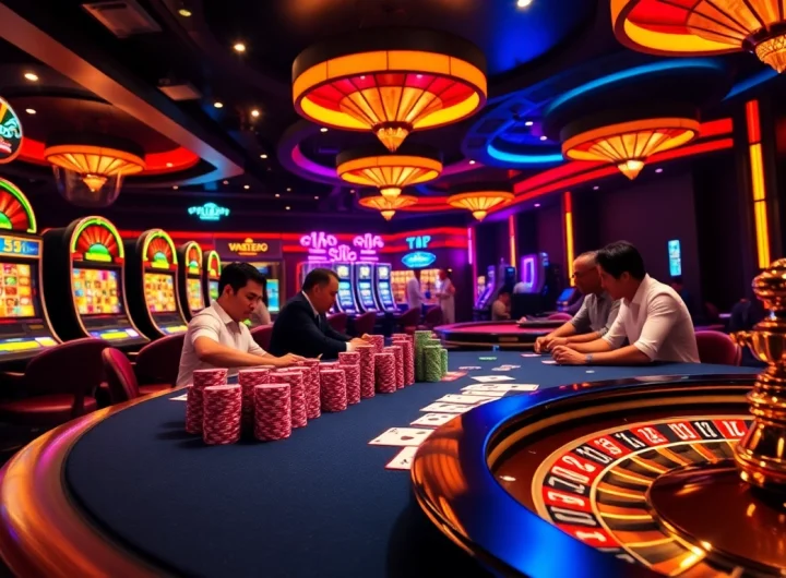 Experience thrilling gameplay at tk88 with vibrant chip stacks and playing cards at a casino table.