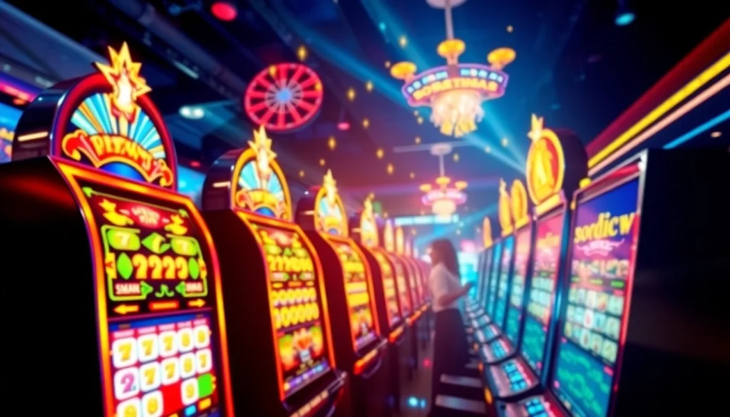 Exciting scene showcasing Kode4d link with vibrant slot machines and energetic players in a lively gaming environment.