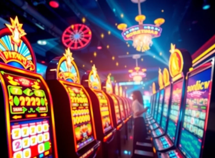 Exciting scene showcasing Kode4d link with vibrant slot machines and energetic players in a lively gaming environment.