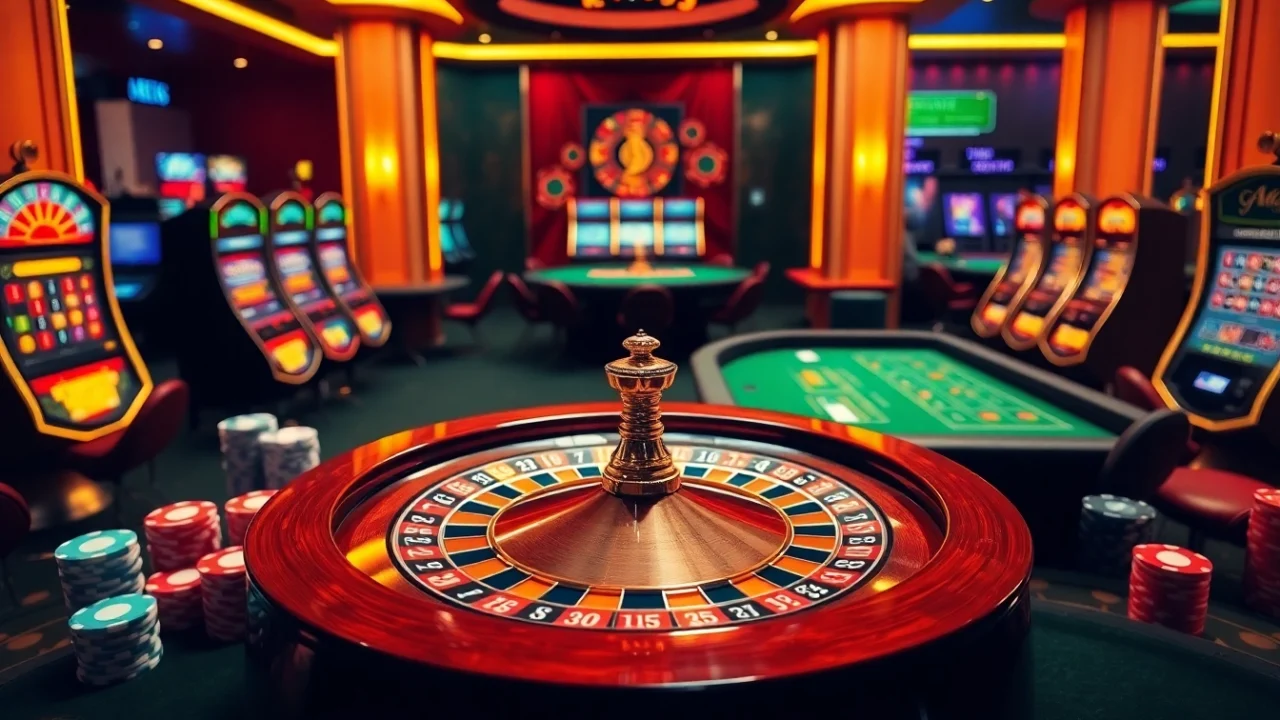 Engage with thrilling online casino action at https://usbet.lat/ featuring a vibrant roulette wheel and colorful poker chips.