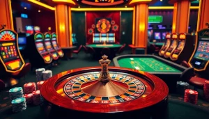 Engage with thrilling online casino action at https://usbet.lat/ featuring a vibrant roulette wheel and colorful poker chips.