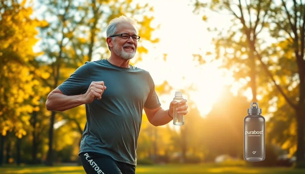 Puraboost enhances male vitality and performance, showcased by a confident man exercising outdoors in a vibrant park.