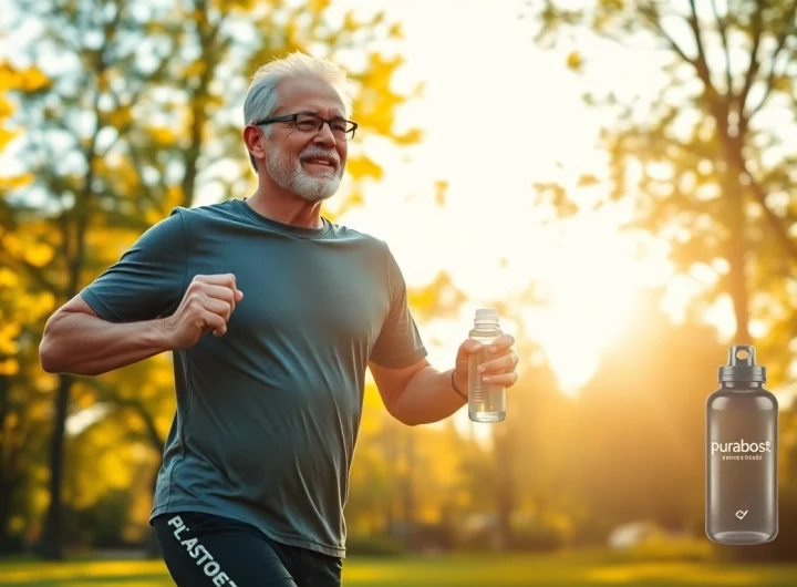 Puraboost enhances male vitality and performance, showcased by a confident man exercising outdoors in a vibrant park.