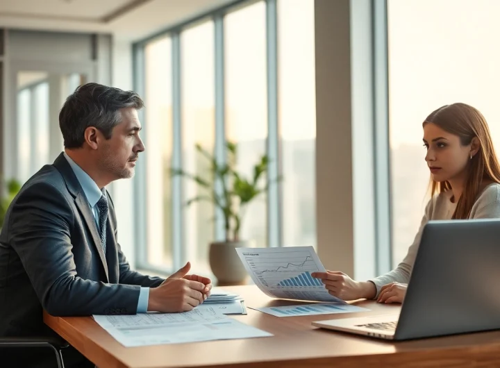 Consulente finanziario che discute della Legge 3 a chi rivolgersi con un cliente in un ufficio moderno.