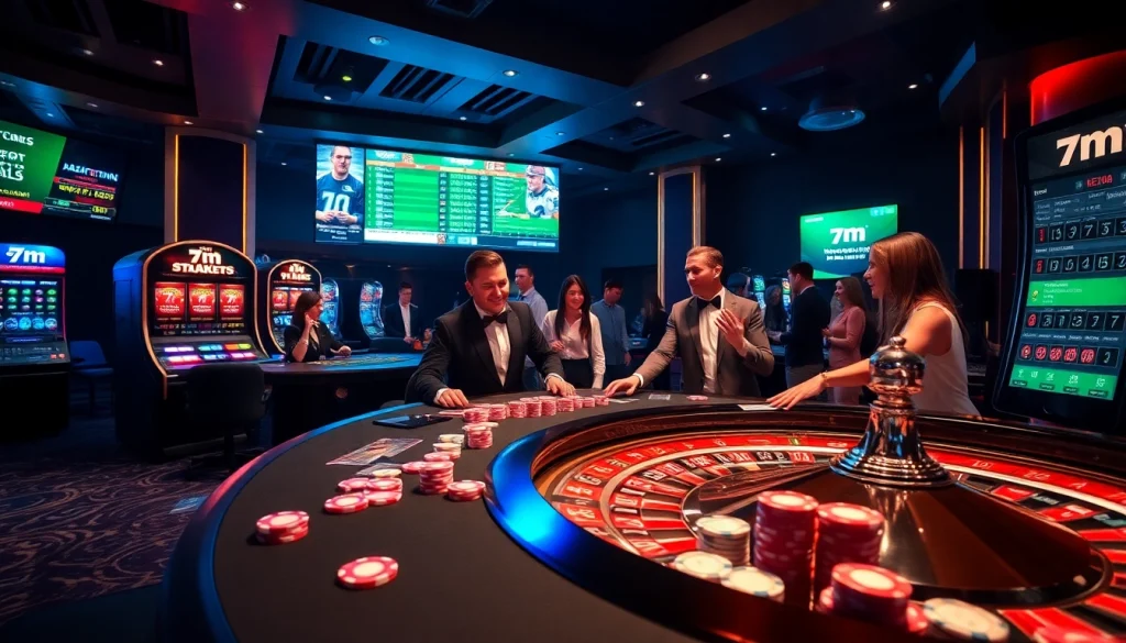 The 7m logo prominently displayed on a luxury casino table with poker chips and live betting options.