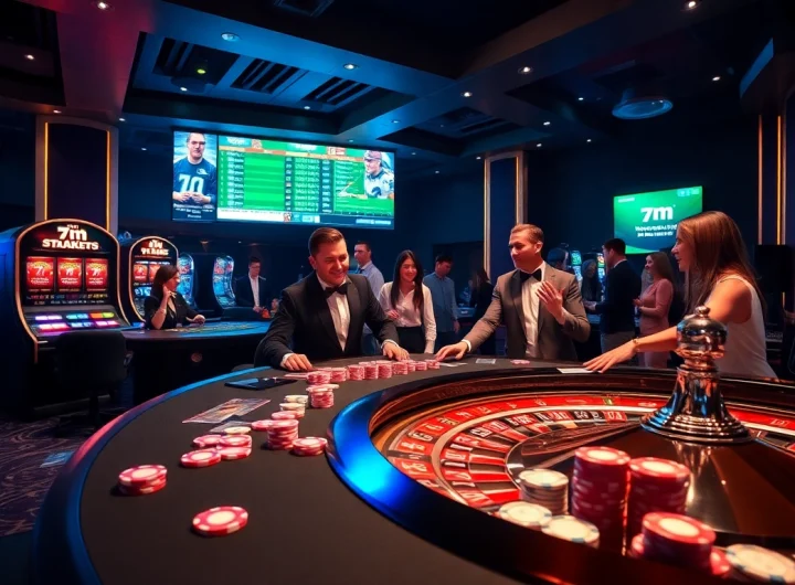 The 7m logo prominently displayed on a luxury casino table with poker chips and live betting options.