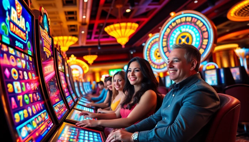 Players enjoying the raja barong slot game amidst a luxurious casino setting.