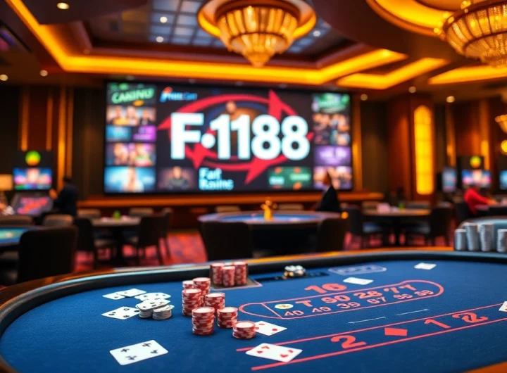 Engaging players at the trang chủ f168 poker table amidst a vibrant casino atmosphere.