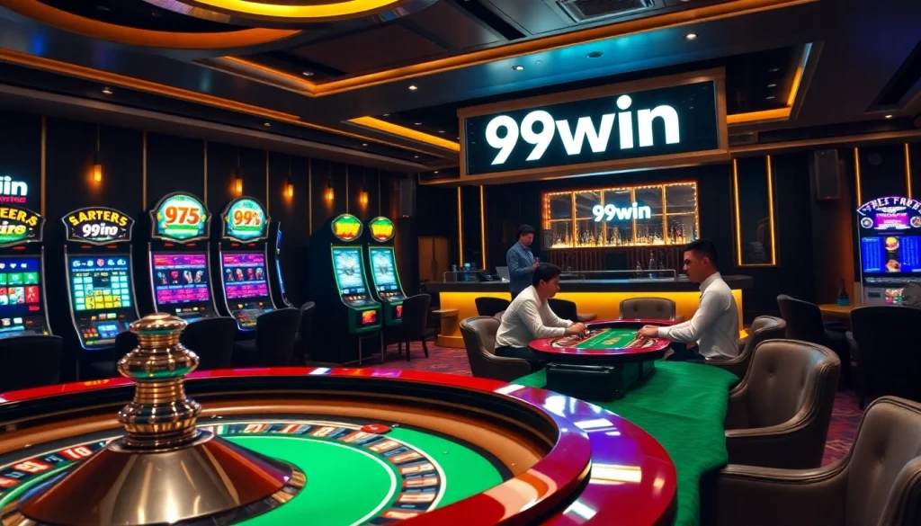 Experience the excitement of gambling at 99win with flashy slot machines and a roulette wheel.