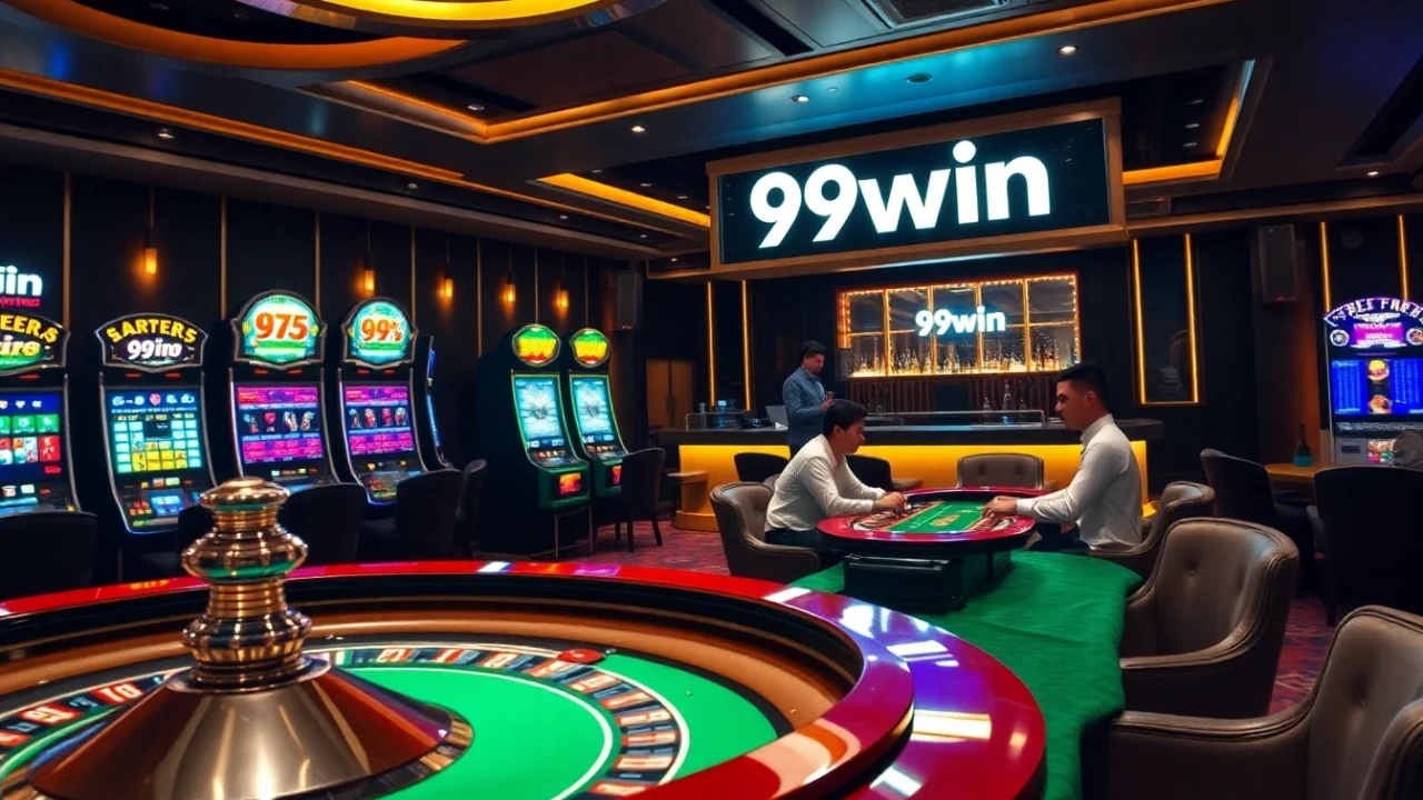 Experience the excitement of gambling at 99win with flashy slot machines and a roulette wheel.
