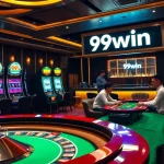 Experience the excitement of gambling at 99win with flashy slot machines and a roulette wheel.