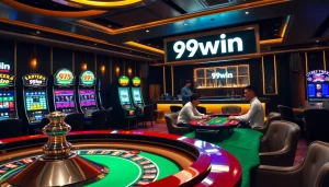 Experience the excitement of gambling at 99win with flashy slot machines and a roulette wheel.