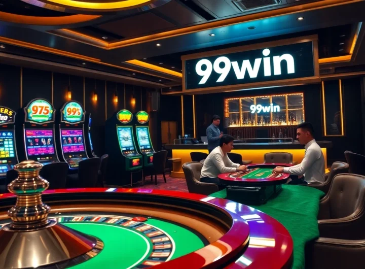 Experience the excitement of gambling at 99win with flashy slot machines and a roulette wheel.