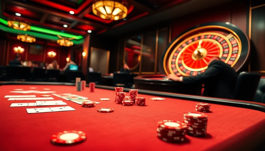 Experience thrilling poker action at QQ88z Net with high-stakes chips and a vibrant roulette wheel in a luxurious casino setting.