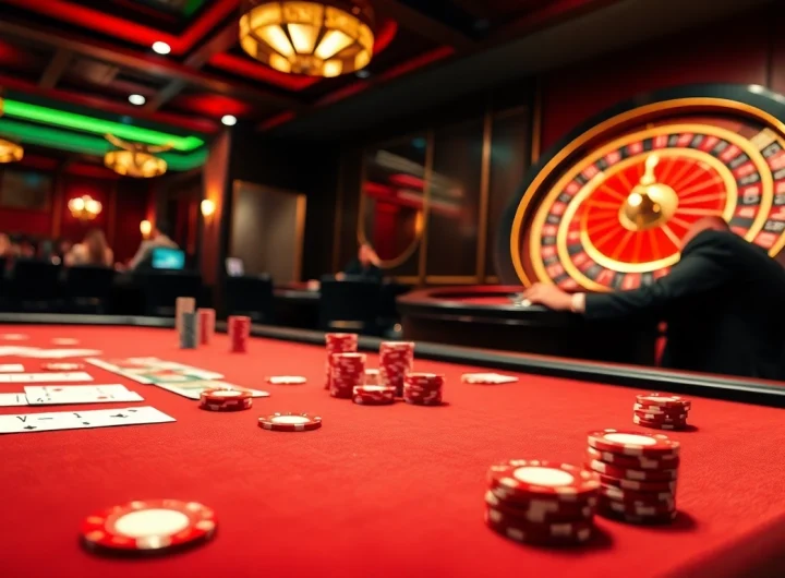 Experience thrilling poker action at QQ88z Net with high-stakes chips and a vibrant roulette wheel in a luxurious casino setting.