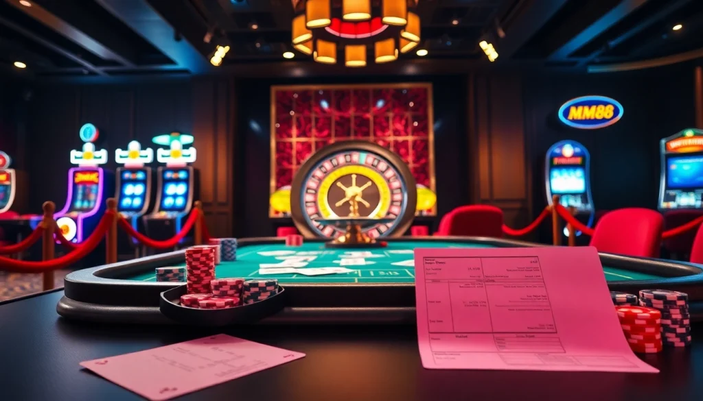 Engaging scene at MM88 casino with vibrant poker tables and exciting gambling atmosphere.