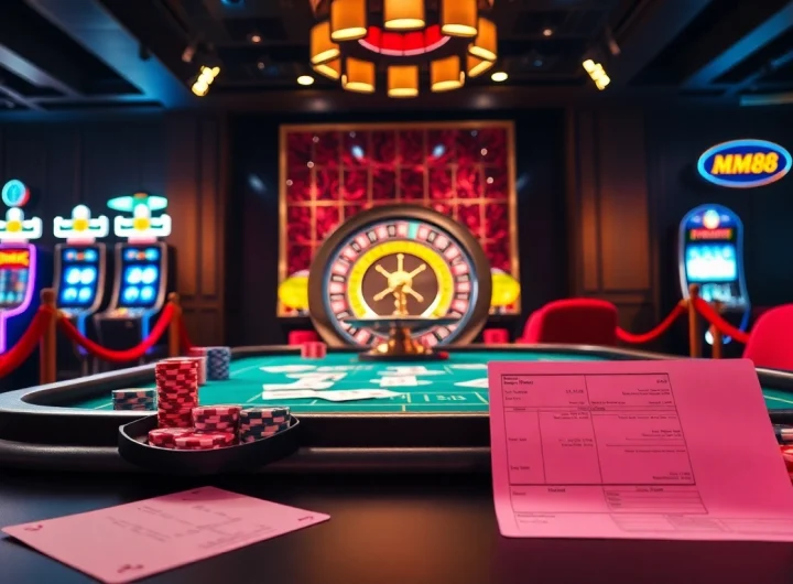 Engaging scene at MM88 casino with vibrant poker tables and exciting gambling atmosphere.
