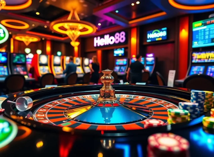 Hello88 gaming atmosphere with roulette, poker chips, and vibrant casino action.