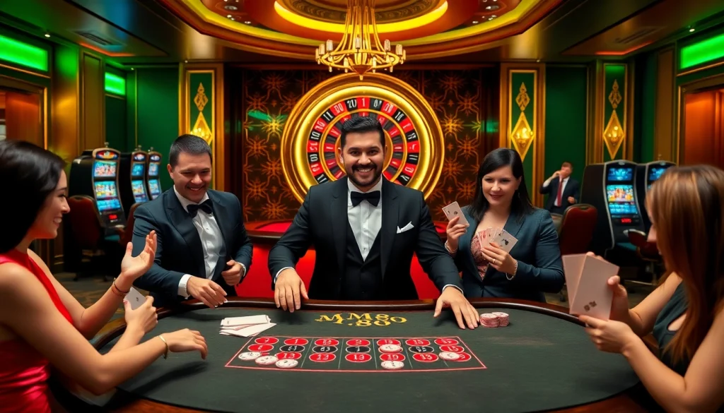 Players enjoy a thrilling game of poker at MM88's luxurious casino tables, filled with excitement.