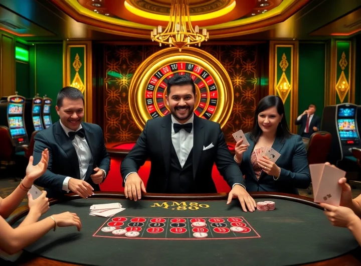 Players enjoy a thrilling game of poker at MM88's luxurious casino tables, filled with excitement.