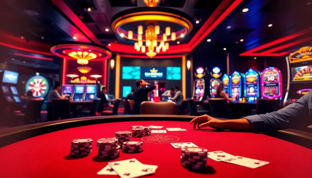Players engaging in exciting gambling at https://king88b.us.com/ with vibrant poker chips and a roulette wheel.