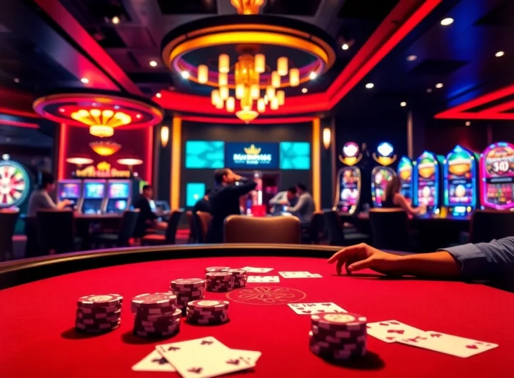 Players engaging in exciting gambling at https://king88b.us.com/ with vibrant poker chips and a roulette wheel.