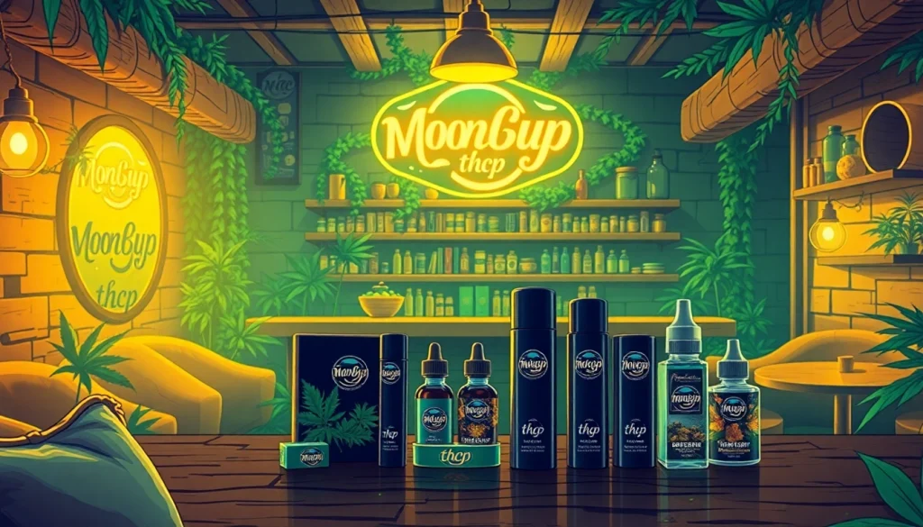 Explore moonbarguy thcp products on a stylish lounge bar, showcasing vapes and edibles.