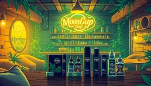 Explore moonbarguy thcp products on a stylish lounge bar, showcasing vapes and edibles.