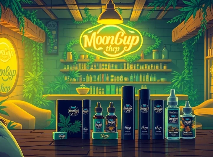 Explore moonbarguy thcp products on a stylish lounge bar, showcasing vapes and edibles.