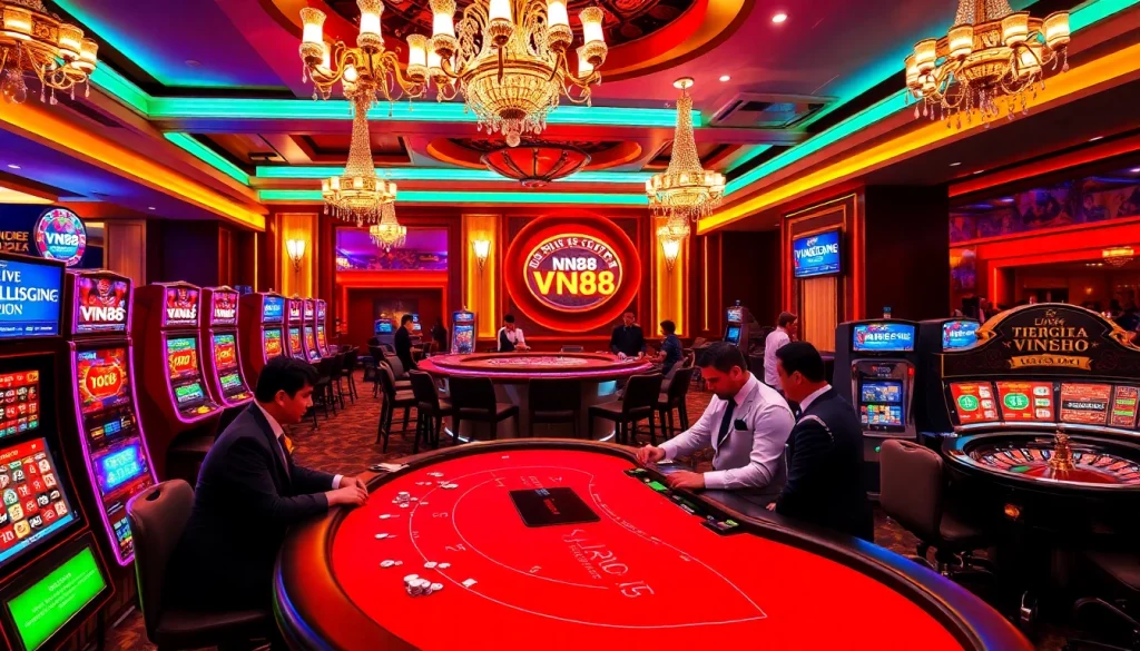 Engaged gamblers playing at VN88 casino tables, highlighting the excitement of betting.