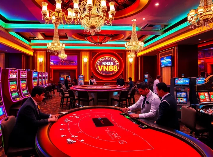 Engaged gamblers playing at VN88 casino tables, highlighting the excitement of betting.