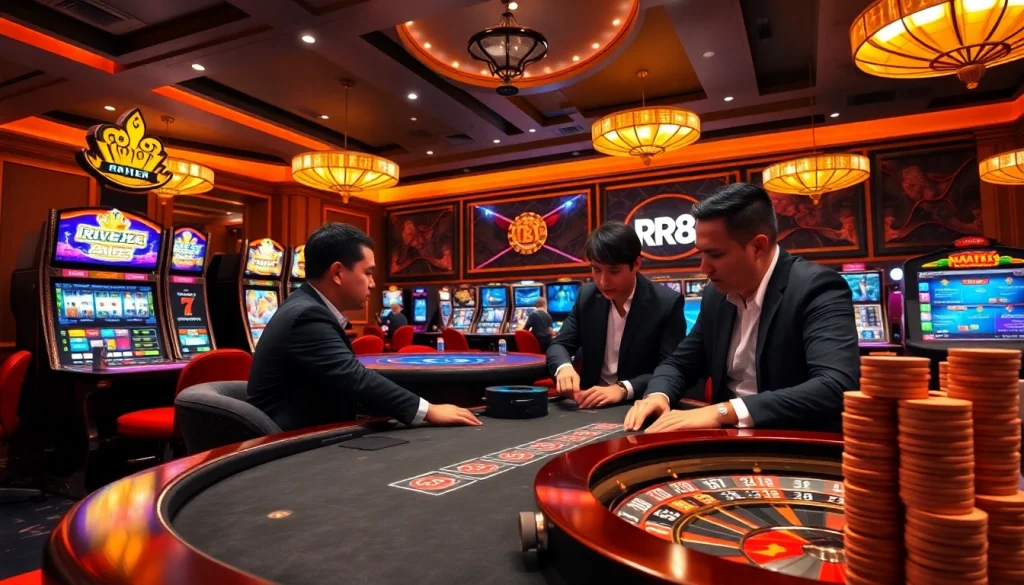 Players enjoying high-stakes poker at RR88 with vibrant casino elements.