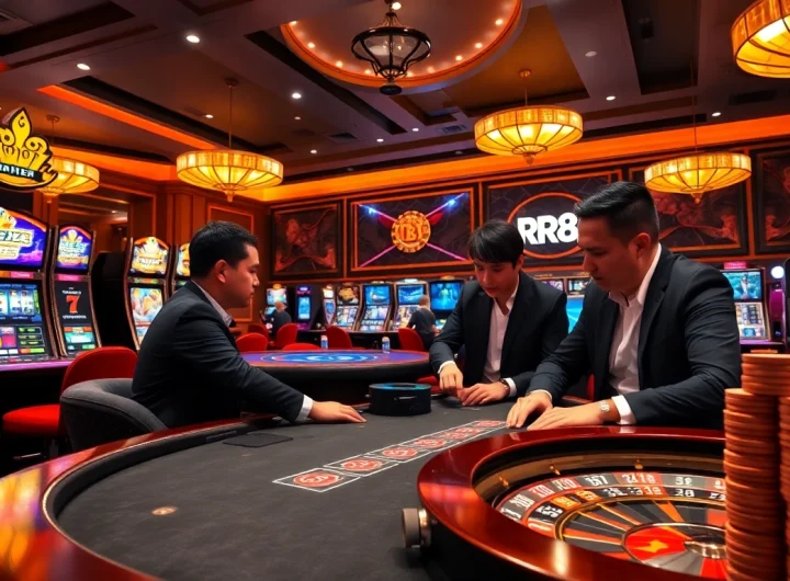 Players enjoying high-stakes poker at RR88 with vibrant casino elements.