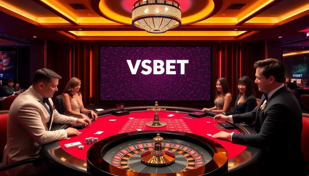 Experience the thrill of VSBET as players engage at a luxurious live dealer table, surrounded by casino elements.