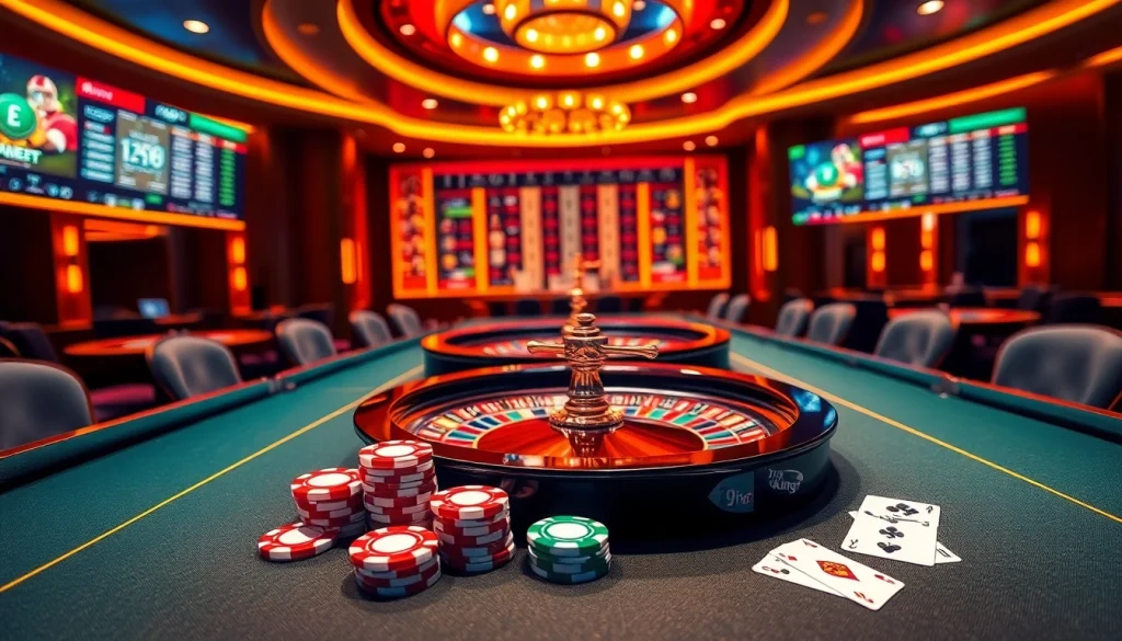 Engaging scene of online gambling at 79king with casino chips and a roulette wheel.