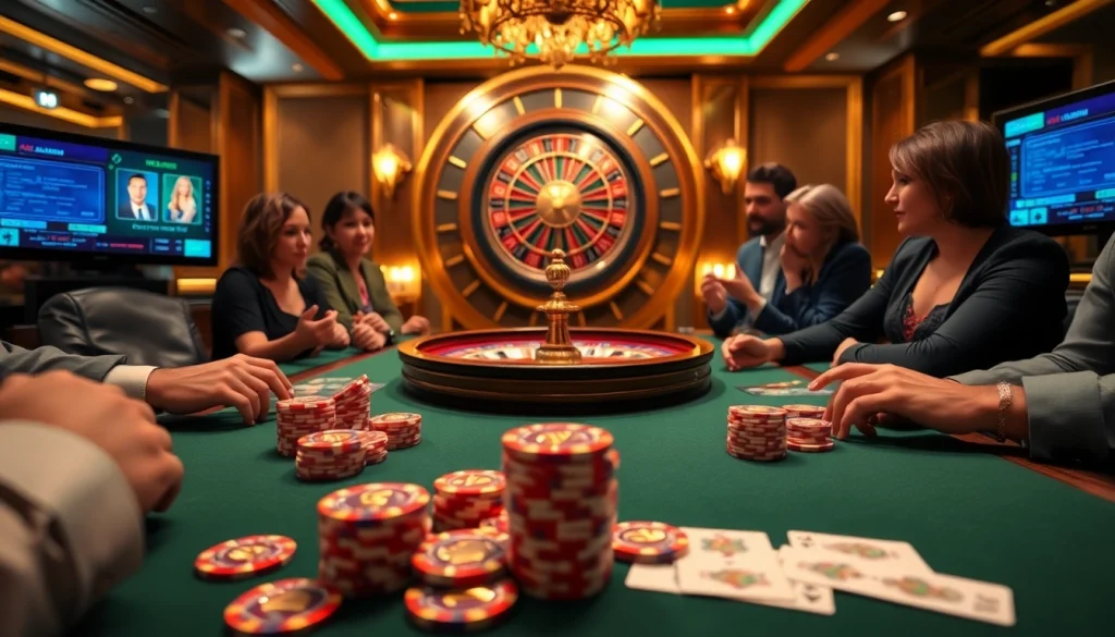 Players enjoying a poker game at HM88's stylish casino, showcasing exciting betting action and high stakes.