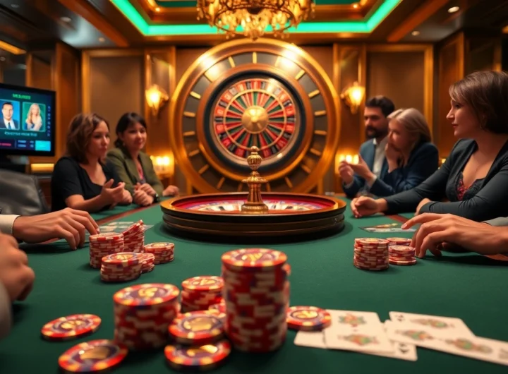 Players enjoying a poker game at HM88's stylish casino, showcasing exciting betting action and high stakes.