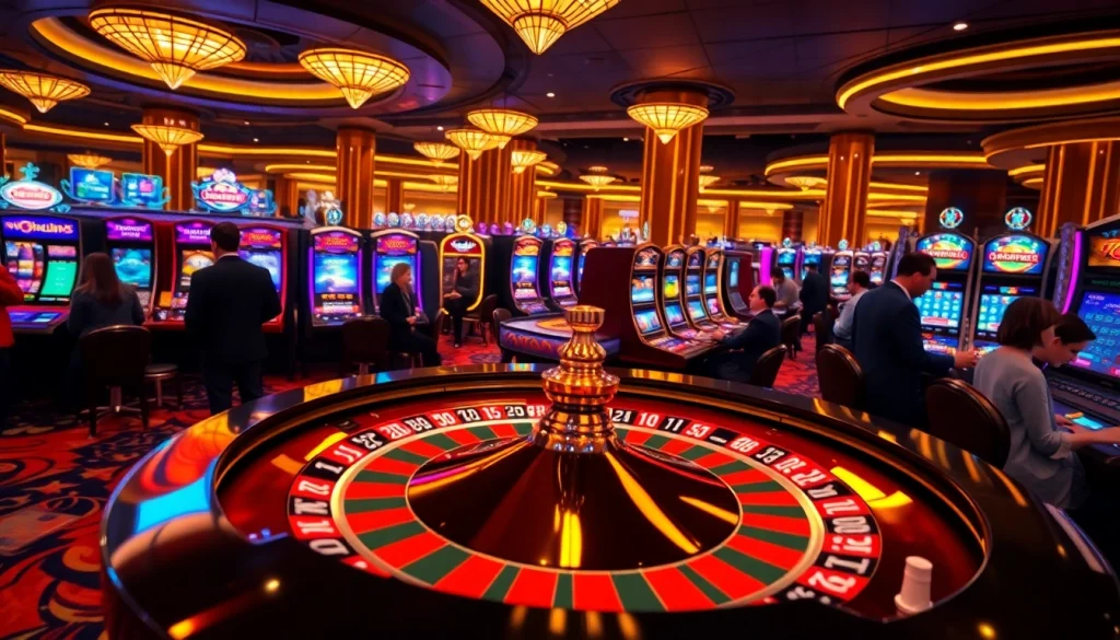 Gambling scene at a luxurious casino showcasing nohu90 slot machines and dynamic table games.