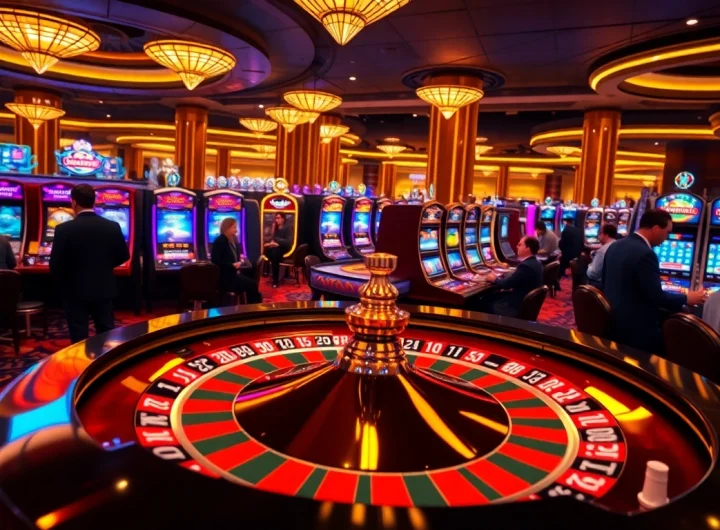Gambling scene at a luxurious casino showcasing nohu90 slot machines and dynamic table games.