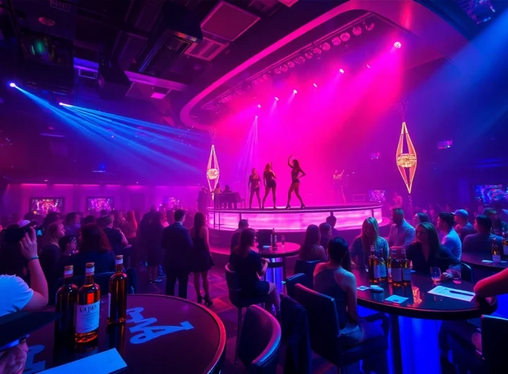 Vibrant nightlife scene at Club Noir, the top night club sxm, featuring dancers and vibrant lighting.