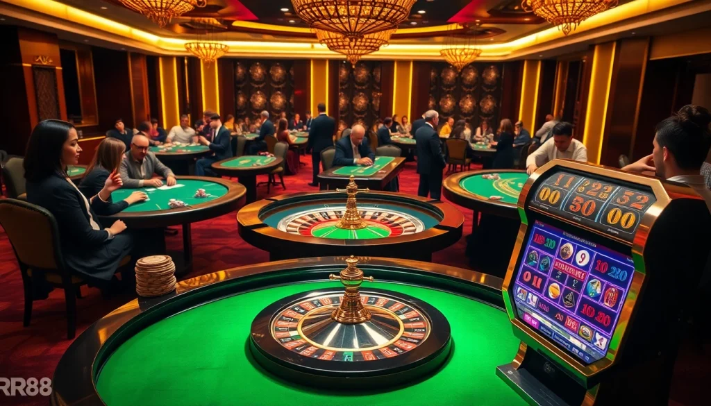 Experience thrilling gameplay at https://rr88csn.com/ amidst luxurious casino visuals featuring poker tables and roulette.